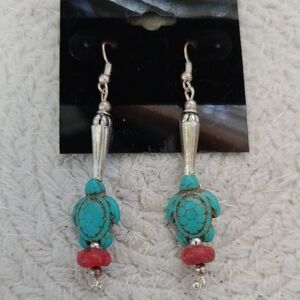 Turquoise and Coral Turtle Earrings